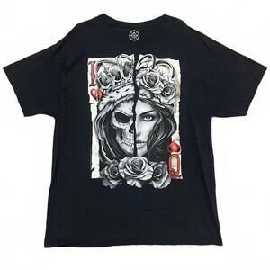 DOM Sz XL King & Queen Of Hearts Skull & Roses Graphic Black Mulicolored T-Shirt